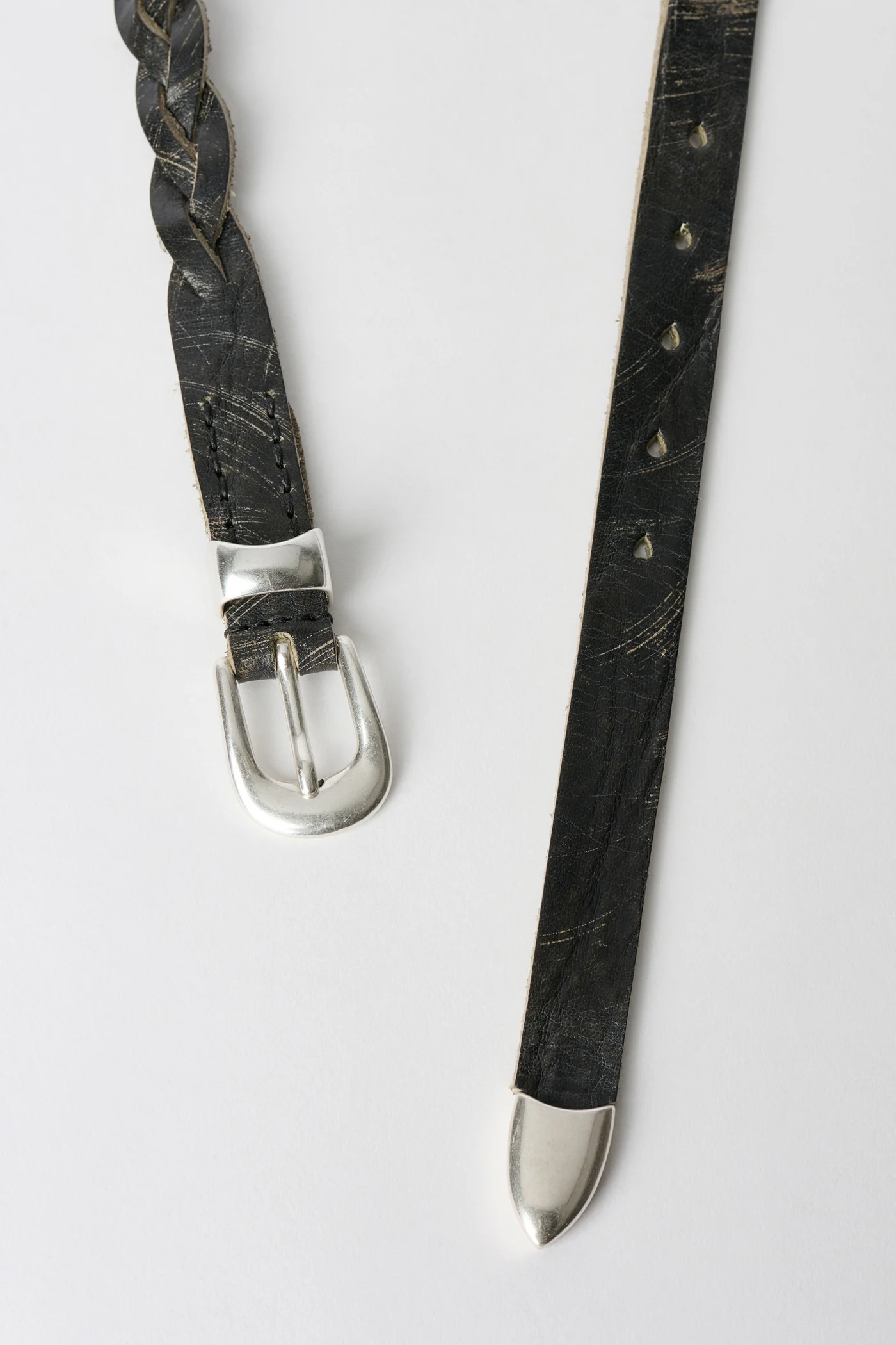 2 cm Braided Belt Soft Coal Torn Bovine